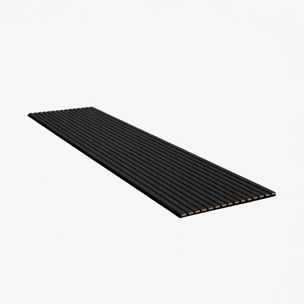 WoodUpp black grooved decking board shown on a white background. A single long, slim panel with parallel narrow ribs and a visible hollow multi-channel core at the end, highlighting its lightweight composite construction and sleek matte finish, suitable for decking or wall cladding applications.