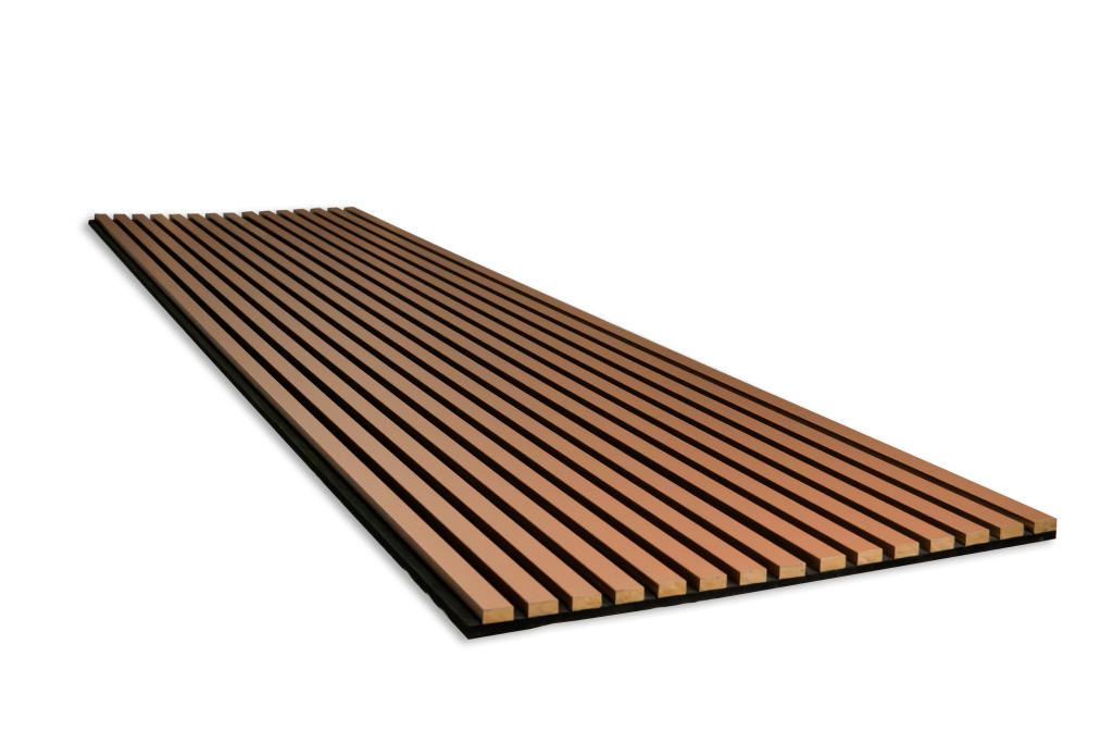 A perspective view of a WoodUpp acoustic panel lying flat. The image details the light oak veneer wood slats spaced evenly on top of a black sound-absorbing felt backing, stretching diagonally across a plain white background, showcasing the texture of this WoodUpp product.