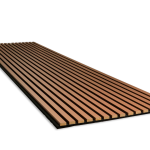 A perspective view of a WoodUpp acoustic panel lying flat. The image details the light oak veneer wood slats spaced evenly on top of a black sound-absorbing felt backing, stretching diagonally across a plain white background, showcasing the texture of this WoodUpp product.