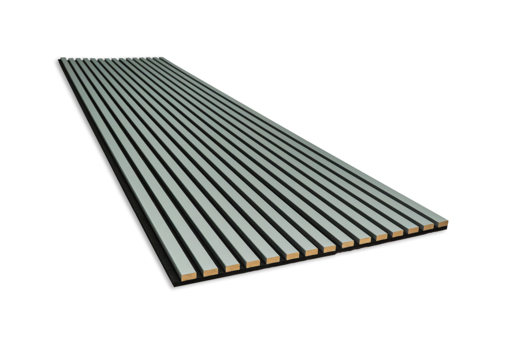 An angled view of a single WoodUpp Akupanel acoustic panel. The panel features narrow, light grey wooden slats mounted closely together on a black acoustic felt backing. The perspective shows the long length and textured surface of the panel against a plain white background.