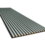 An angled view of a single WoodUpp Akupanel acoustic panel. The panel features narrow, light grey wooden slats mounted closely together on a black acoustic felt backing. The perspective shows the long length and textured surface of the panel against a plain white background.