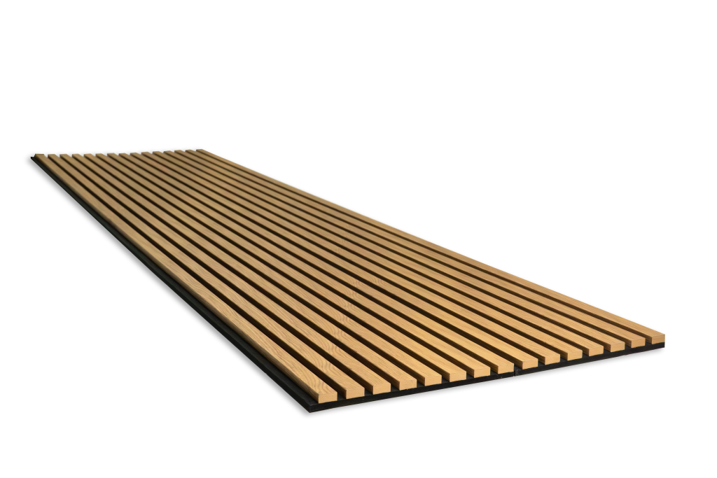 A perspective view of a single WoodUpp Akupanel acoustic panel lying horizontally. The panel consists of narrow, natural oak wooden slats with distinct grain patterns attached to a solid black sound-absorbing felt backing, set against a clean white background.