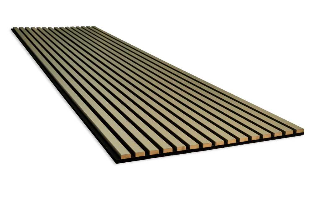 Angled view of a single WoodUpp Akupanel acoustic panel lying flat against a white background. The panel features parallel, light-colored wood veneer slats mounted on a dark, sound-absorbing felt backing. The linear wood texture and quality construction of the WoodUpp product are clearly visible.