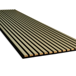 Angled view of a single WoodUpp Akupanel acoustic panel lying flat against a white background. The panel features parallel, light-colored wood veneer slats mounted on a dark, sound-absorbing felt backing. The linear wood texture and quality construction of the WoodUpp product are clearly visible.