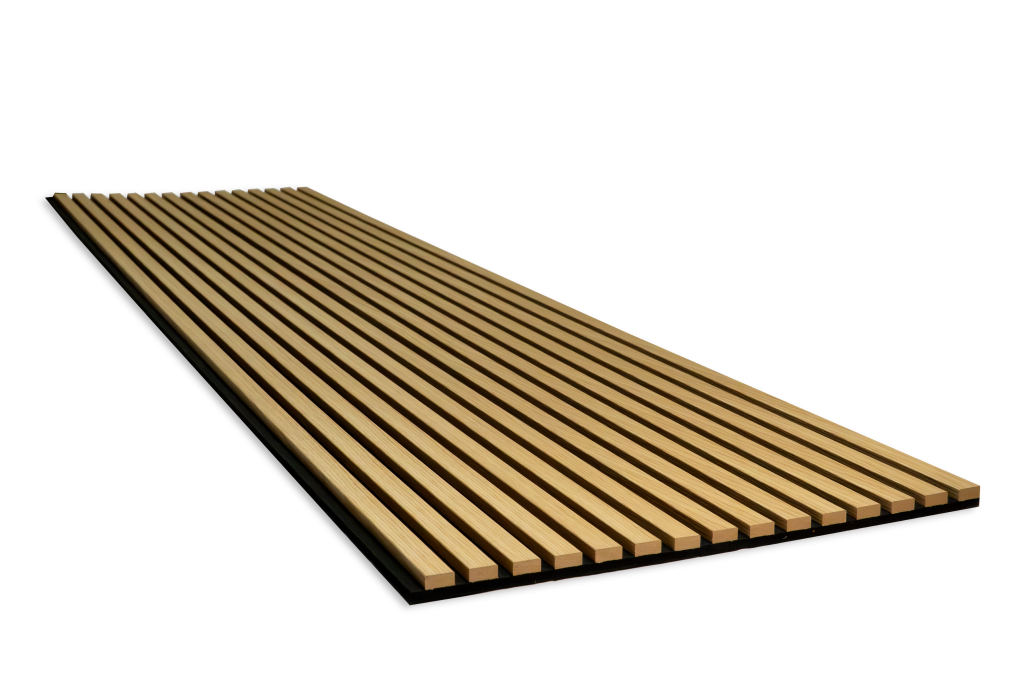 A perspective view of a single WoodUpp acoustic panel, featuring light-colored wood slats, like oak, attached to a black felt backing. This Akustikpanel is designed to improve room acoustics while adding a modern, decorative wood element to walls or ceilings.