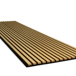 A perspective view of a single WoodUpp acoustic panel, featuring light-colored wood slats, like oak, attached to a black felt backing. This Akustikpanel is designed to improve room acoustics while adding a modern, decorative wood element to walls or ceilings.