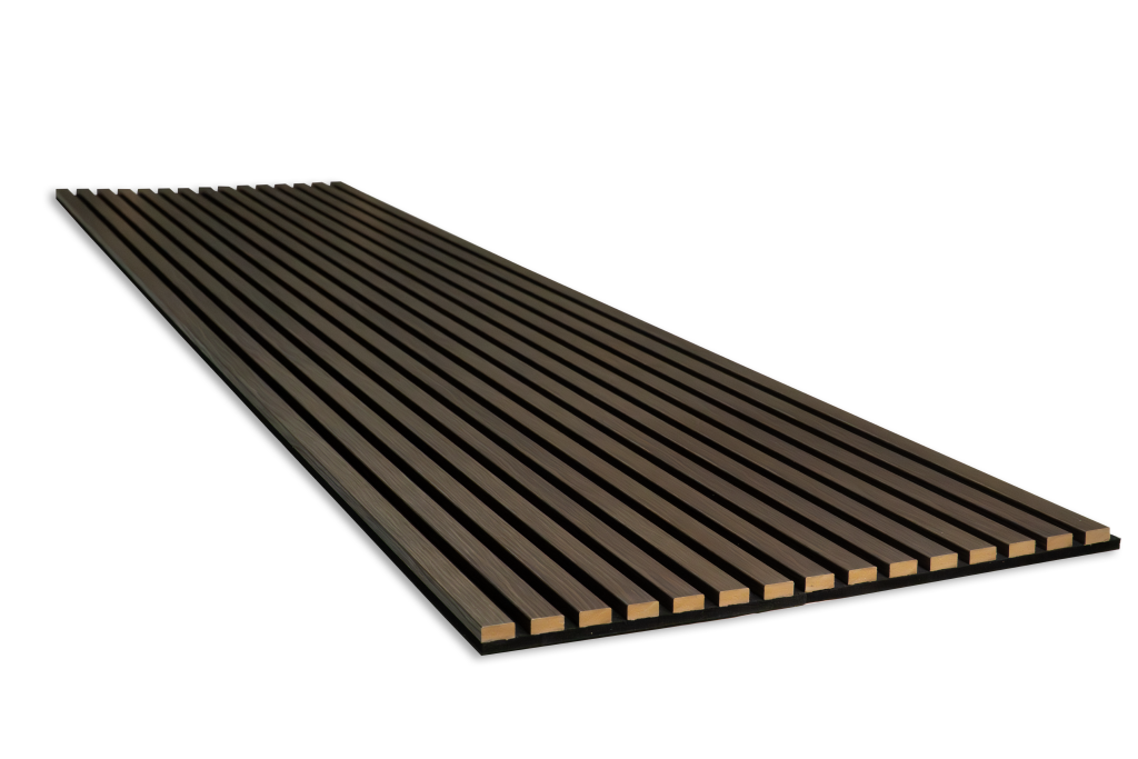A perspective view of a single WoodUpp acoustic panel, featuring dark brown, smoked oak wood slats mounted on a black felt backing. The long, rectangular panel is shown against a plain white background, highlighting its textured design.