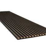 A perspective view of a single WoodUpp acoustic panel, featuring dark brown, smoked oak wood slats mounted on a black felt backing. The long, rectangular panel is shown against a plain white background, highlighting its textured design.