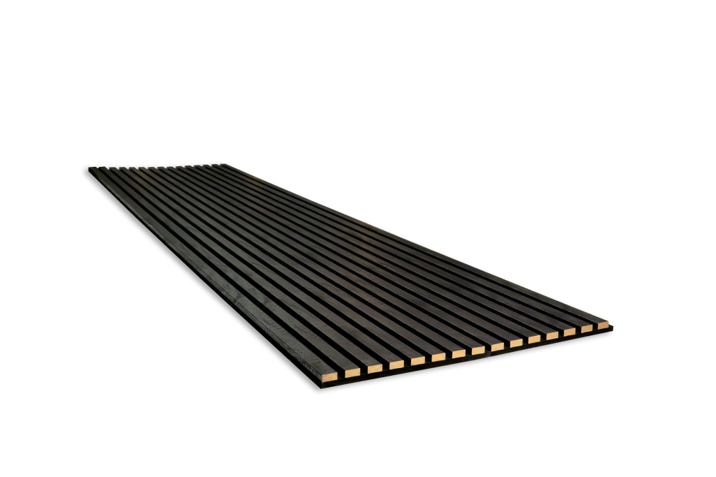 A long, single WoodUpp acoustic panel is shown in a perspective view, lying flat against a white background. The panel features dark black wood slats mounted on a black felt backing, creating a textured, linear pattern that recedes into the distance.