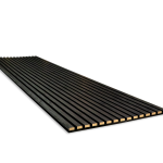 A long, single WoodUpp acoustic panel is shown in a perspective view, lying flat against a white background. The panel features dark black wood slats mounted on a black felt backing, creating a textured, linear pattern that recedes into the distance.