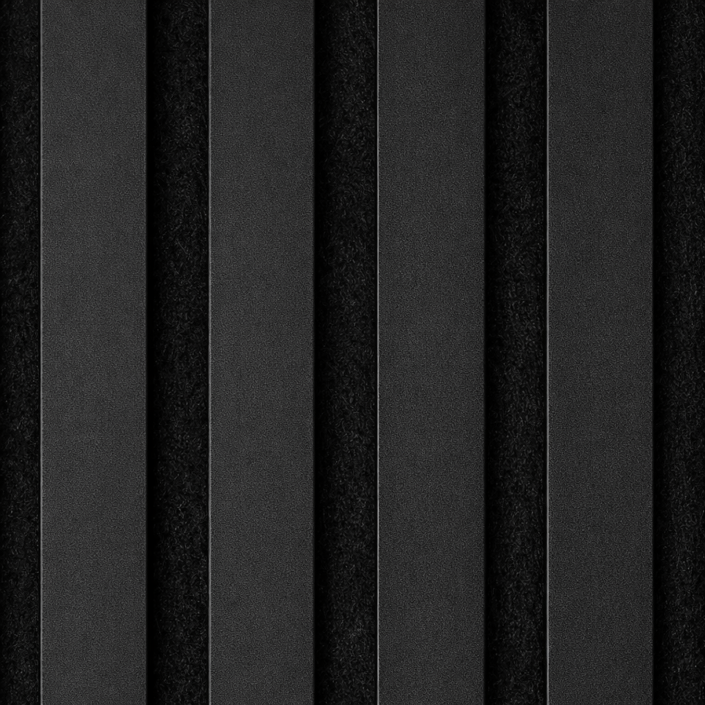 Detailed close-up of a black WoodUpp Akupanel. The image features smooth, dark black vertical wooden slats separated by sound-absorbing black felt grooves. The texture of both the black wood veneer and the fibrous felt backing is evident in this monochrome acoustic wall solution.