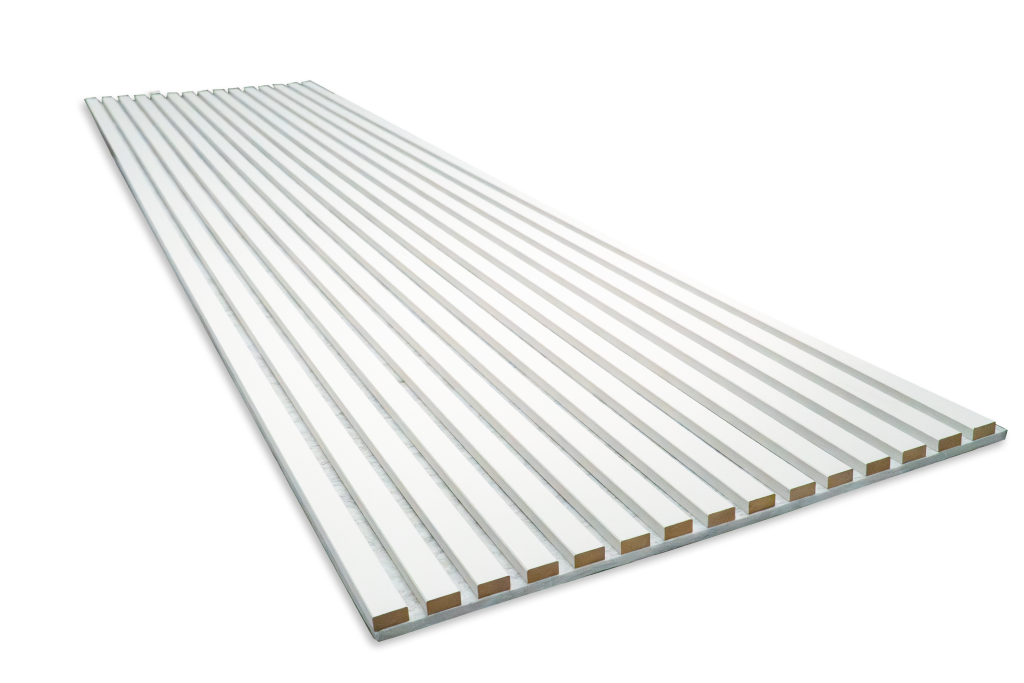 An angled perspective of a single WoodUpp Akupanel acoustic panel resting on a white surface. The panel features narrow white-painted slats mounted on a light grey acoustic felt backing, revealing the natural wood core along the edges of each slat.
