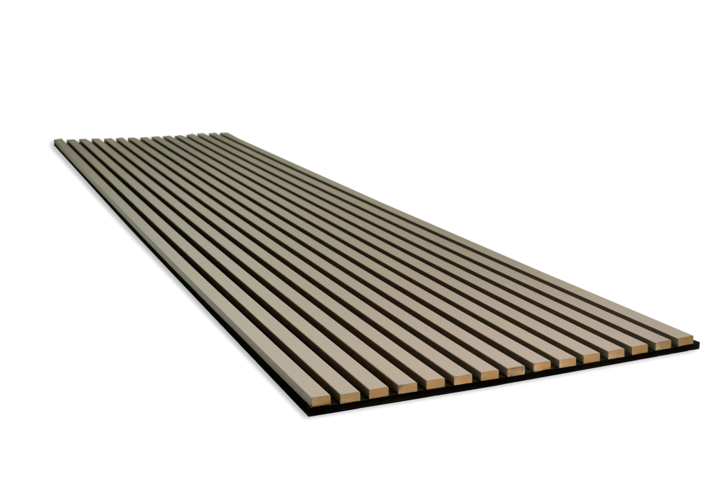 An angled view of a single WoodUpp Akupanel acoustic panel. The long panel is made of light grey wooden slats with a clean, modern finish, which are mounted onto a sound-absorbing black felt backing. It is set against a plain white background.