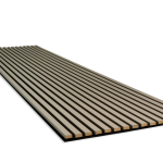 An angled view of a single WoodUpp Akupanel acoustic panel. The long panel is made of light grey wooden slats with a clean, modern finish, which are mounted onto a sound-absorbing black felt backing. It is set against a plain white background.