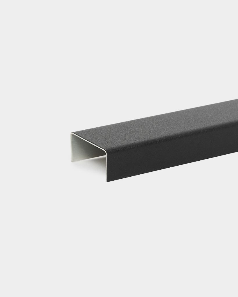 WoodUpp black U-shaped aluminium edge profile shown on a white background, featuring a matte textured outer finish and smooth light inner surface, designed as a protective U-channel trim for furniture and panel edges, with crisp 90-degree bends and thin, uniform walls.