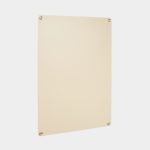 WoodUpp beige wall panel with rounded corners, shown mounted flush against a white background secured by four WoodUpp brushed stainless-steel standoffs at each corner; the slim, matte-finish board appears to be an acrylic or composite display panel designed for modern wall signage.