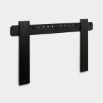 WoodUpp sliding barn-door hardware: matte black steel wall rail with rounded end plates, paired with two vertical hanger straps. The minimalist kit features multiple pre-drilled mounting holes, circular bolt caps and door stops along the rail, showing a durable, low-profile system for suspended door installation.