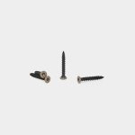 WoodUpp image shows four WoodUpp wood screws on a white background: three black, coarse-threaded screws with bronze-colored countersunk star-drive heads—two lying together, one on its side—and a fourth screw standing upright in the center, highlighting thread profile and finish.