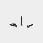 WoodUpp product image showing four black WoodUpp wood screws with brownish countersunk star-drive heads; one screw stands upright while three lie flat around it. Threads run full length to a sharp point, suitable for decking or timber fixing, photographed on a clean white background.