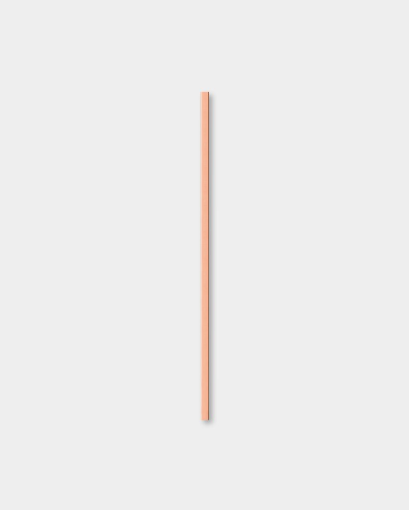 Centered on a white background, a single WoodUpp narrow wooden slat is shown vertically — a slim rectangular profile in pale peach lacquer with fine wood grain and soft drop shadow. The WoodUpp wooden strip appears smooth, straight-edged, and suitable as a trim or dowel.