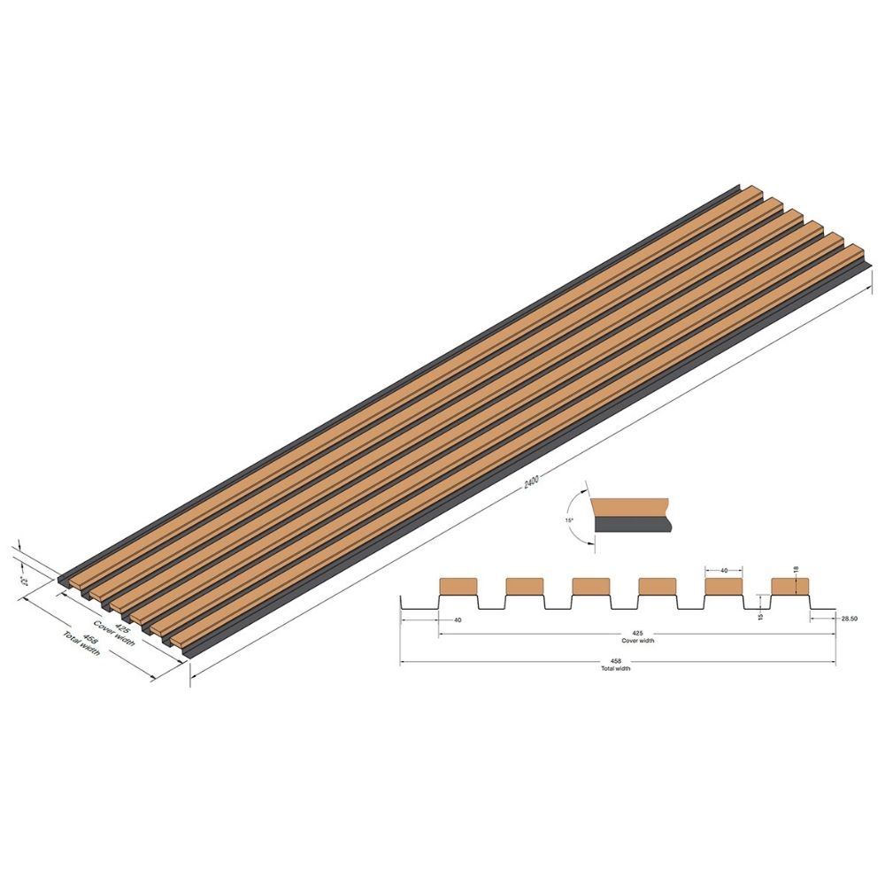 WoodUpp slatted timber panel shown: a long 2400mm panel of evenly spaced oak-coloured wooden battens mounted on a dark backing rail, with technical diagrams showing 458mm total width, 425mm cover width, 40mm spacing and 28.5mm slat height for wall or ceiling use.