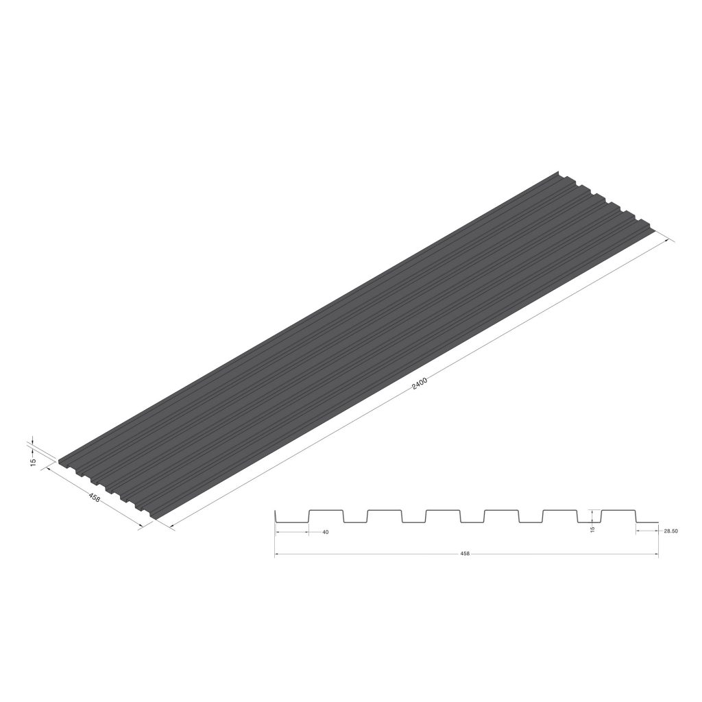 WoodUpp product: a dark grey ribbed composite decking panel shown in isometric view with dimensions labelled, 2400 mm length and 458 mm width, plus a cross-section detail showing repeated ribs, 40 mm spacing and approximately 15 mm depth, illustrating the panel’s profile.