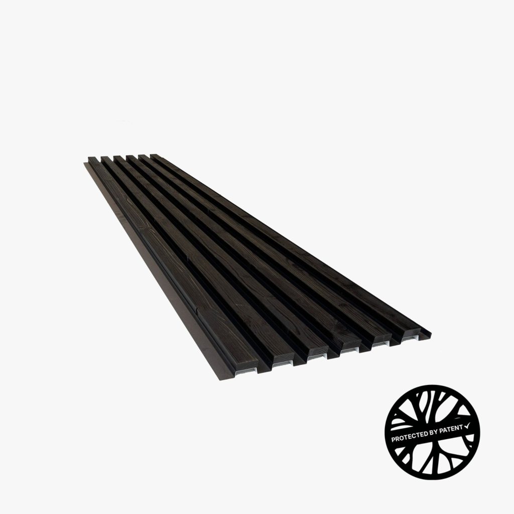 WoodUpp dark slatted cladding panel composed of eight parallel narrow wooden battens on an integrated base, shown in black stain with visible wood grain and recessed channels for mounting. The image also displays a round "Protected by Patent" badge in the lower right corner.