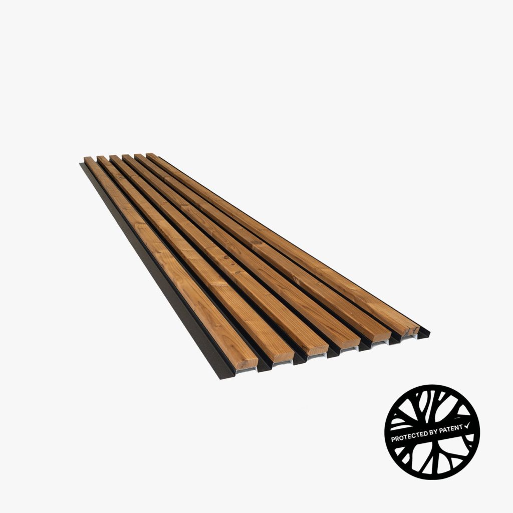 WoodUpp slatted wall panel featuring multiple warm brown timber battens fixed into a slim black metal mounting rail, with pronounced wood grain and uniform gaps for acoustic or decorative cladding. A patent-protected circular logo appears in the lower-right, highlighting WoodUpp’s proprietary slat system design.