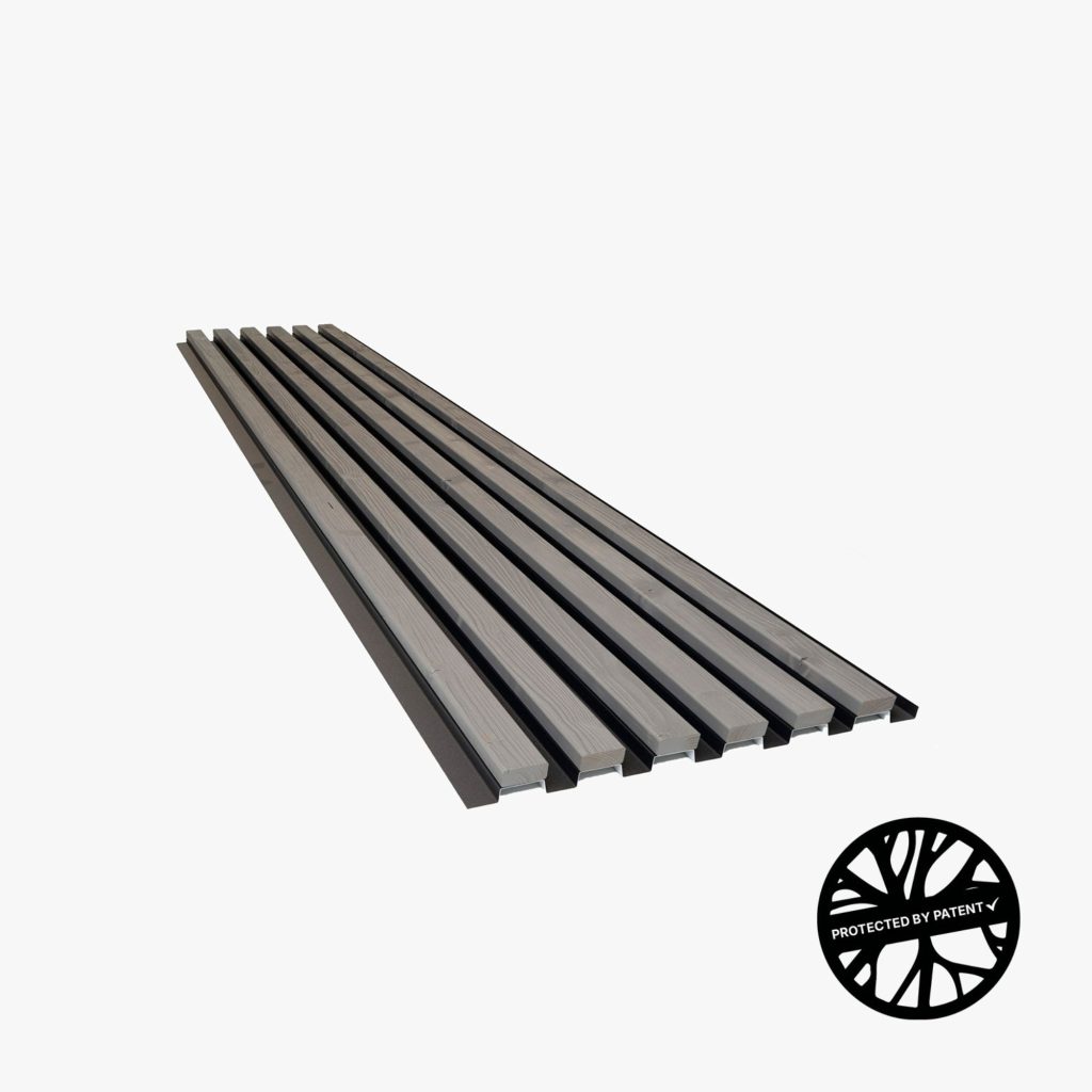 WoodUpp slatted cladding panel shown on white background: six long grey wooden slats with visible grain fitted into a dark metal carrier rail, creating a sleek, modern linear profile and exposed mounting detail. Includes WoodUpp branding and patent-protected circular mark at lower right.