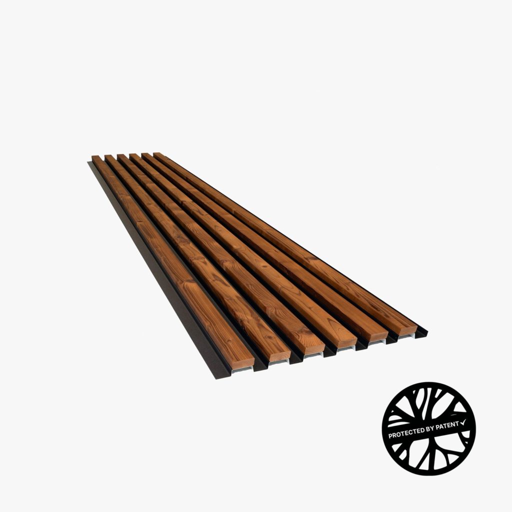 WoodUpp slat panel of warm brown narrow wooden slats with visible grain, set into black metal mounting rails to form a modular wall or ceiling baffle. The image also shows WoodUpp’s circular "Protected by Patent" logo in the lower right corner.