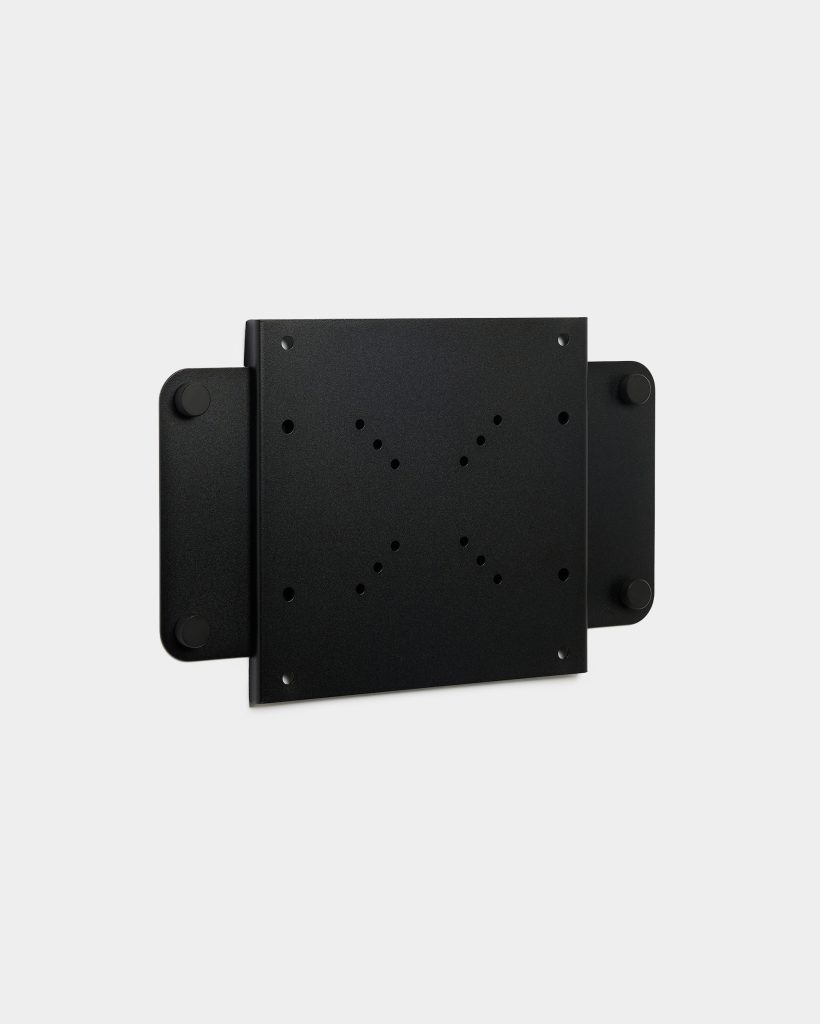 WoodUpp black VESA adapter plate and side mounting brackets: a matte, textured square metal plate with multiple VESA hole patterns and two slim side brackets with circular rubber pads. Low-profile, compact design intended for attaching monitors to WoodUpp arms or wall mounts.