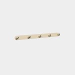 A WoodUpp five hook wall rack: a slim beige wooden rail with rounded ends fitted with five brushed stainless steel cylindrical pegs evenly spaced across the horizontal rail, shown mounted against a white background as a minimalist modern coat hook product.